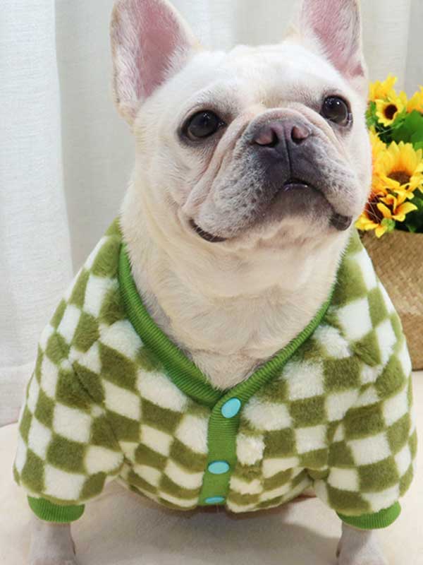 GMTPET Green and white checkerboard fat dog bulldog pug dog French fighting winter clothes plus velvet thick cardigan plush sweater 107-222039 www.petproduct.com.cn